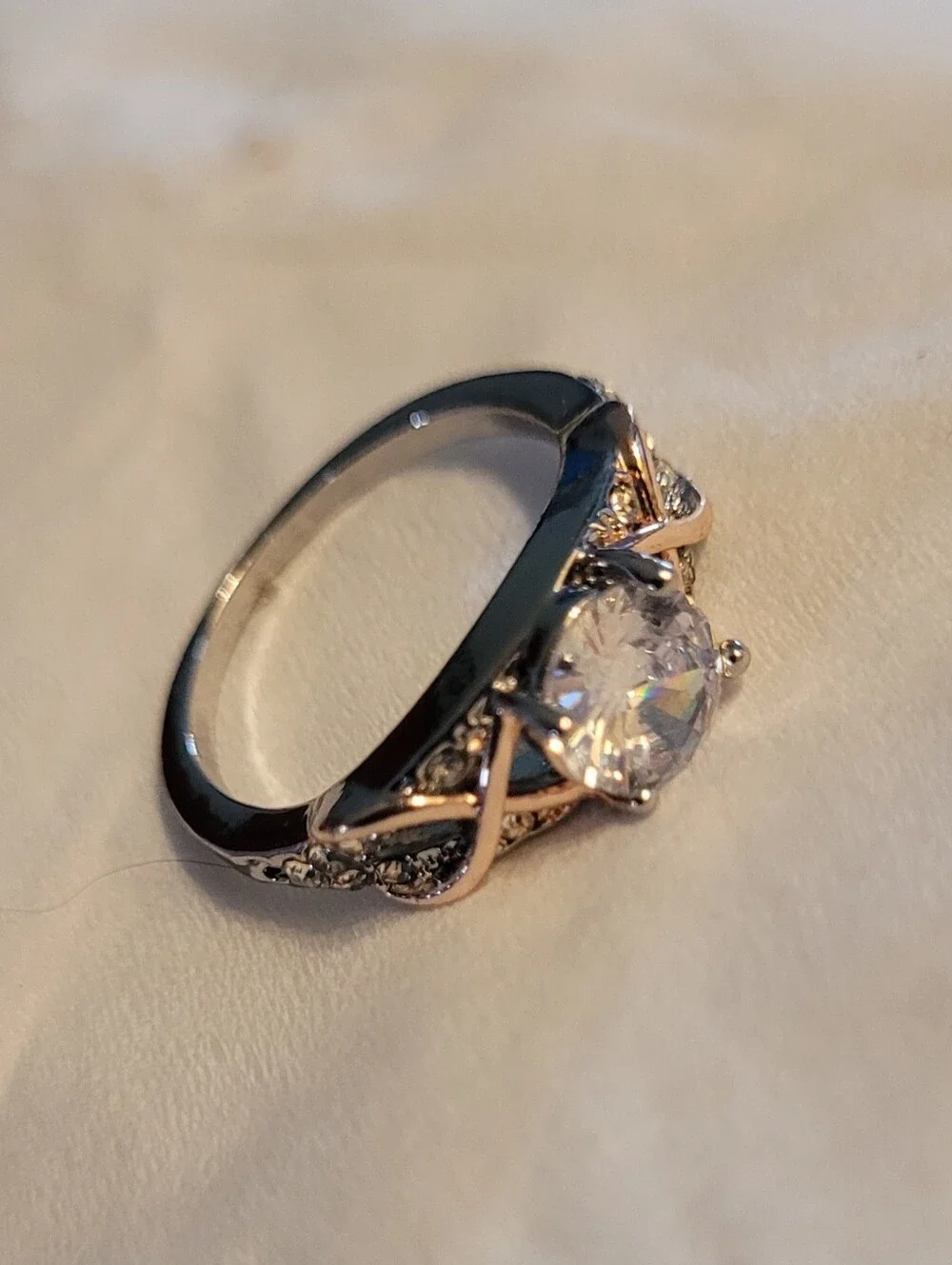 Silver/Gold Tone CZ Cocktail Ring with Crystals - Size 6